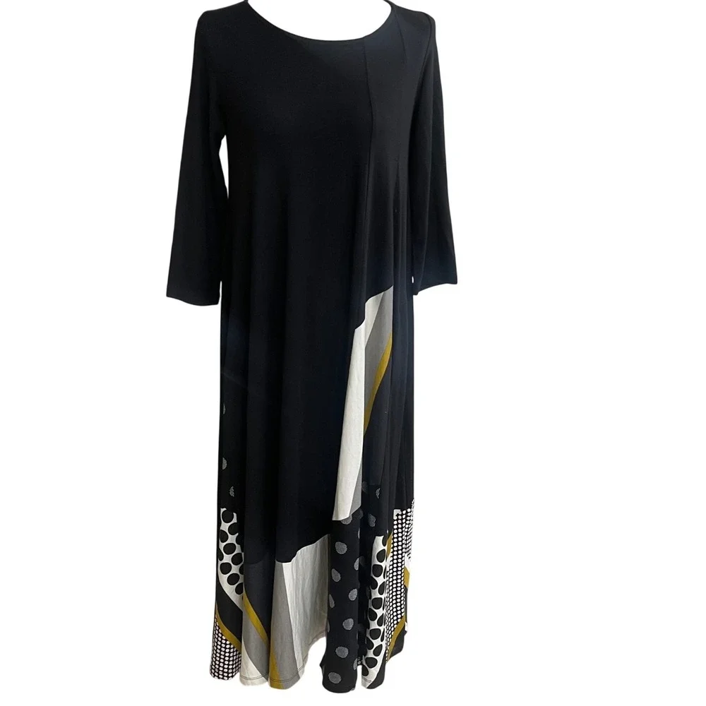 ALEMBIKA Black Maxi Dress Asymmetrical Geometric Print Boho Chic Size 0 usa 4